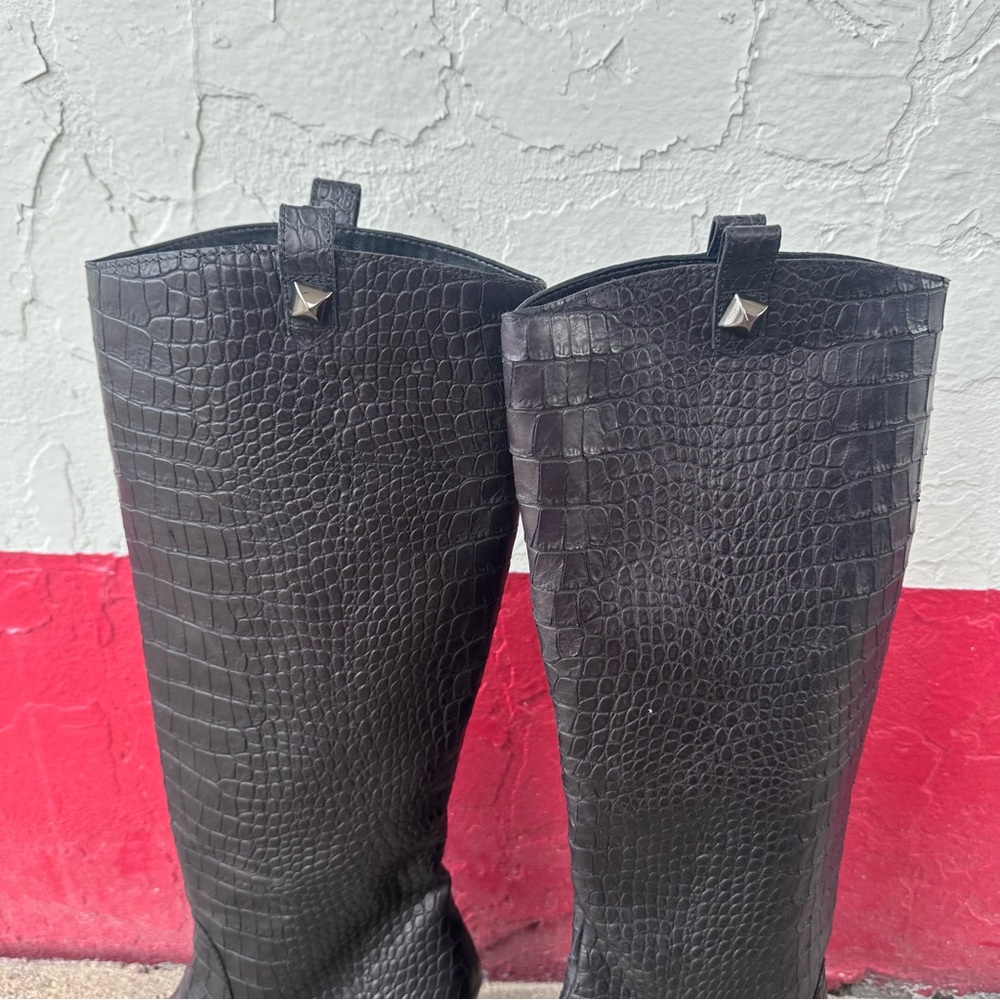 Stuart Weitzman Mid Calf Heeled Boots Croc Leather Studded Women 10.5 - Picture 5 of 8